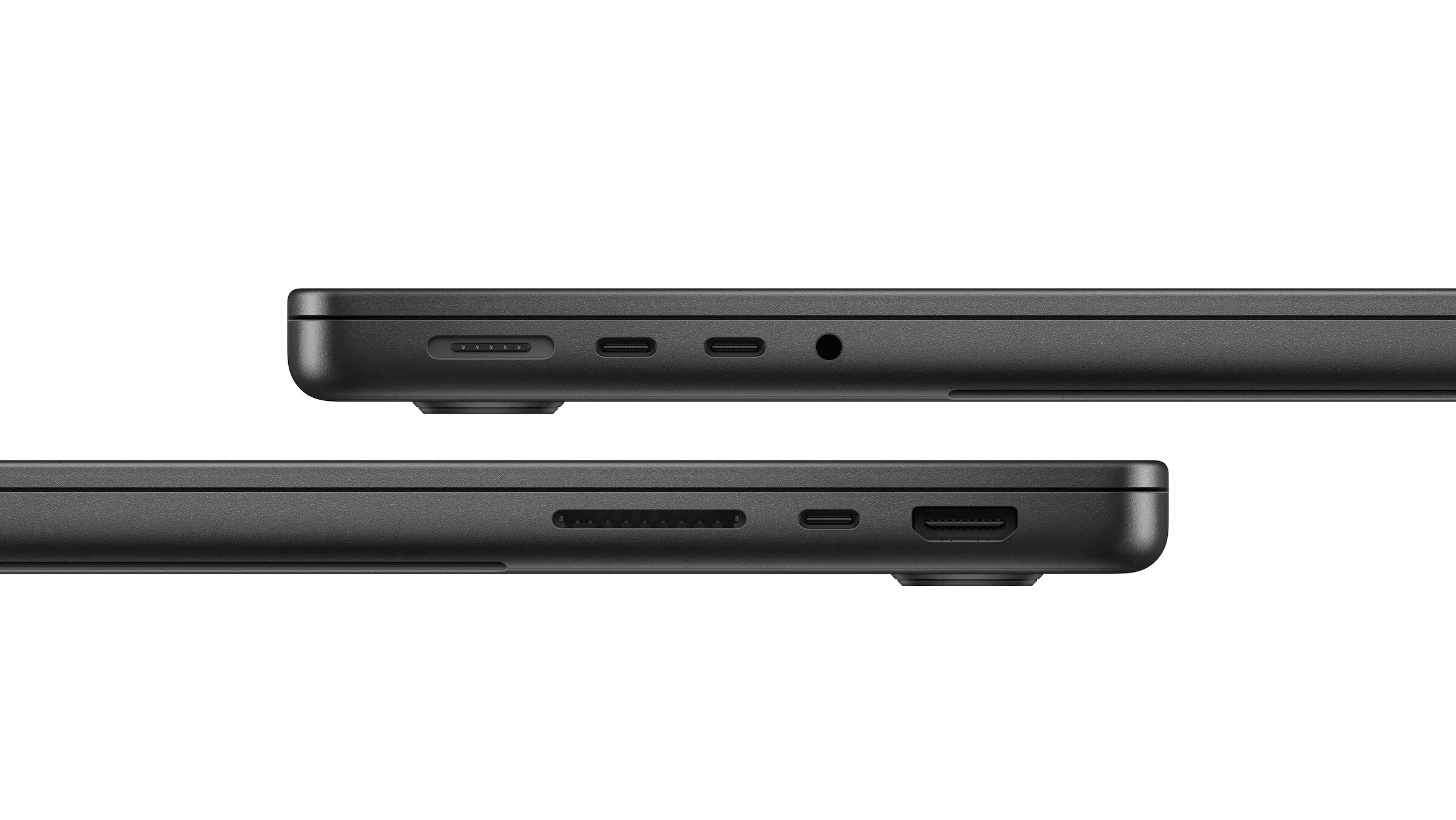Neuheit von Apple im Oktober 2026: MacBook Pro in Space Schwarz von beiden Seiten mit seinen Anschlüssen