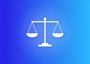 Symbolbild zu Apple Rechtsstreitigkeiten: weiße Waage mit zwei Schalen auf blauem Farbverlauf