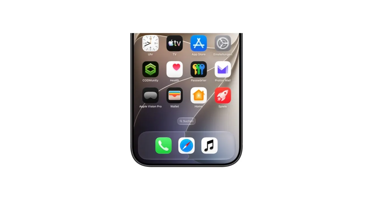 Apple Music App-Icon in iOS 27.2 im hellen und dunklen Erscheinungsbild, links schwarze Note auf Weiß, rechts weiße Note auf Schwarz im Dock
