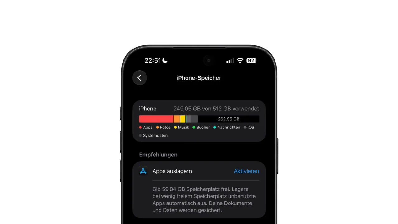 iPhone 18 Pro Max zeigt den Bildschirm iPhone-Speicher mit 249,05 von 512 GB belegt – Flash-Speicher steht im Zentrum der Speicherkrise bei Apple