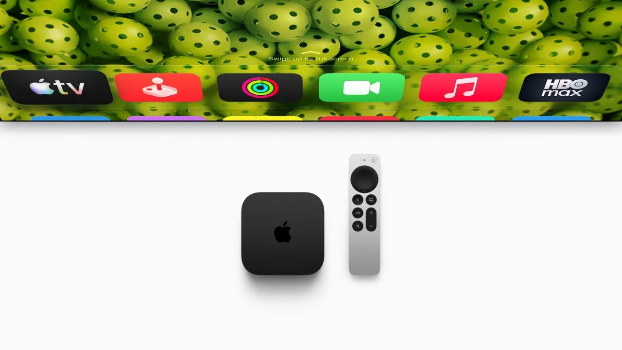 Apple TV 4K mit Siri Remote von oben, darüber ein Fernseher mit der App-Leiste von tvOS