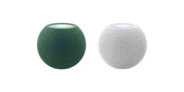 HomePod mini 2 vs. HomePod mini: zwei Lautsprecher in Grün und Weiß nebeneinander