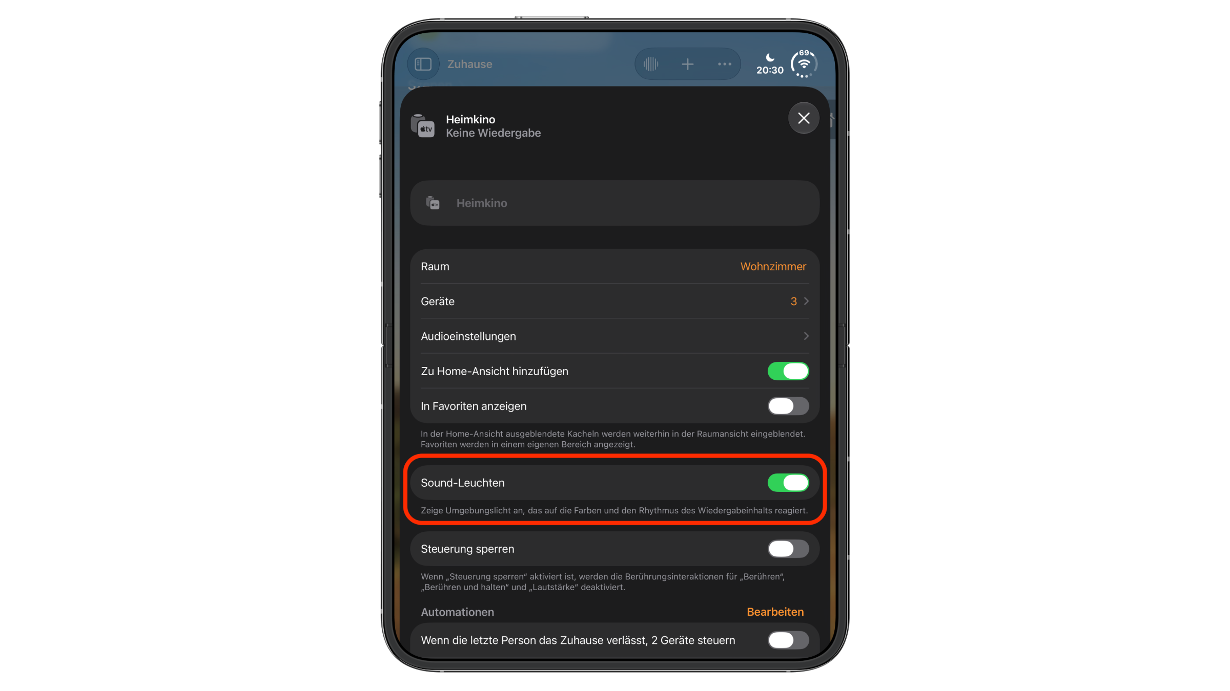 Home theater settings in the Home app with the HomePod Sound Glow switch turned on
