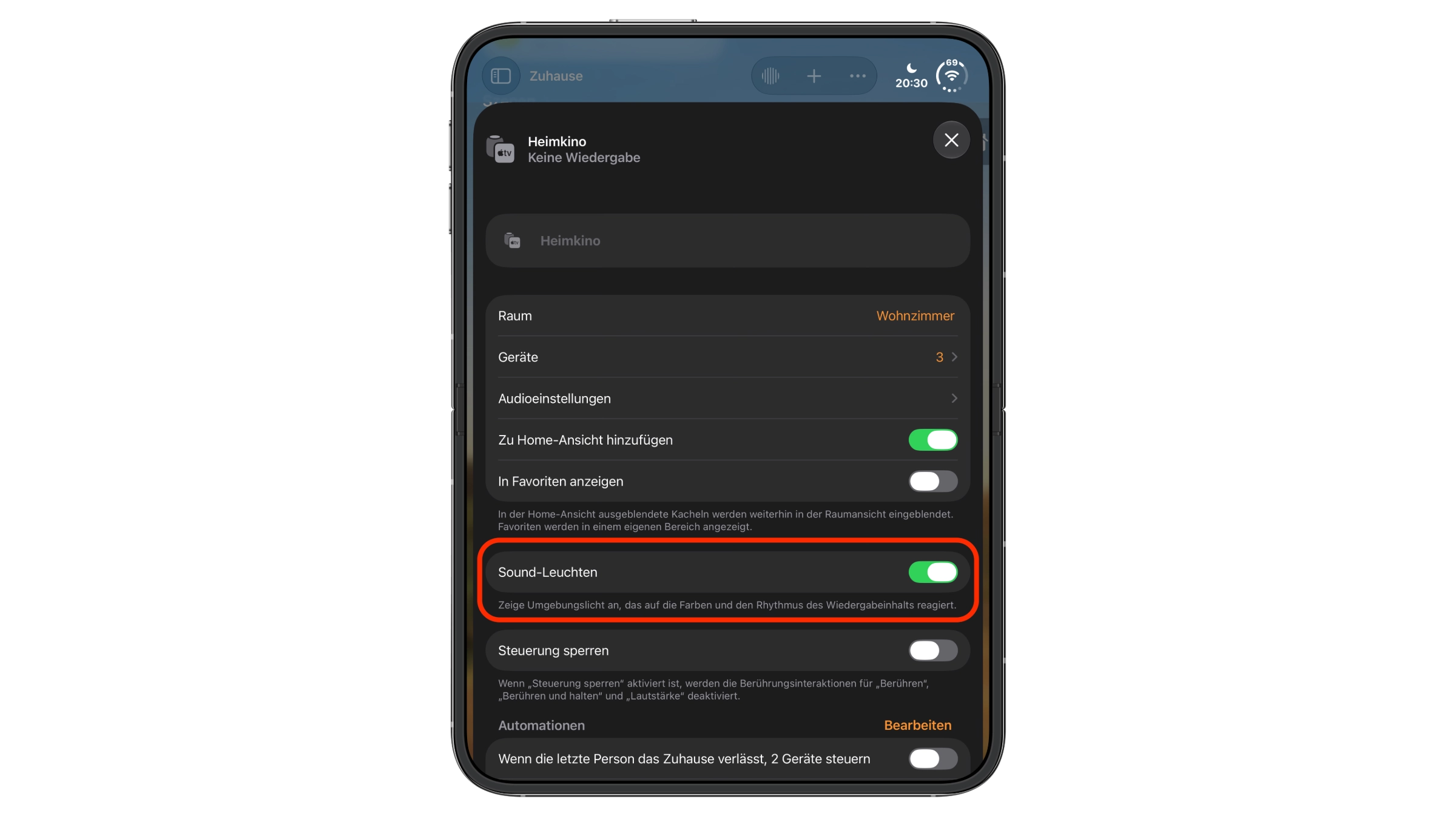 Einstellungen eines Heimkinos in der Home-App mit dem aktivierten Schalter für HomePod Sound-Leuchten
