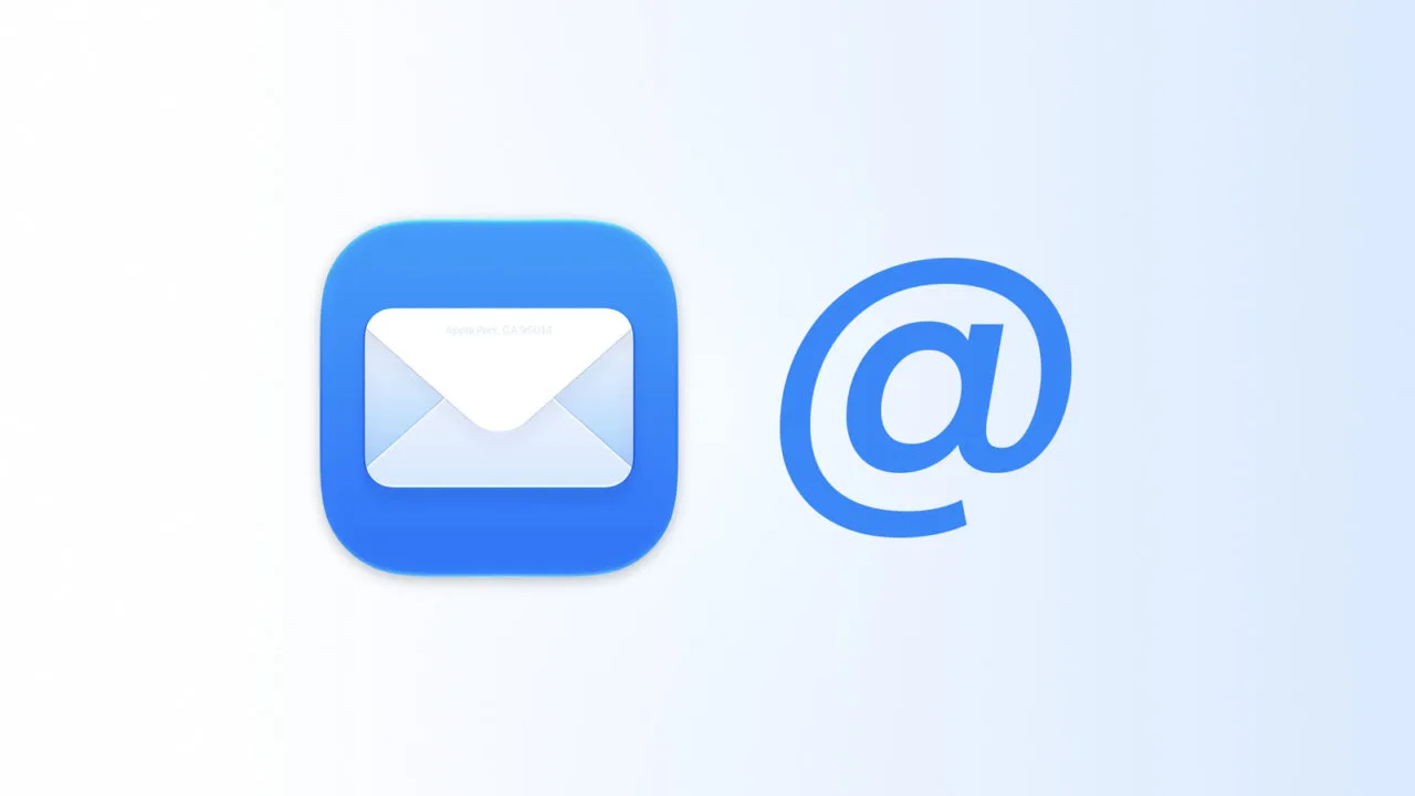 Icon von iCloud Mail neben einem blauen @-Zeichen auf hellblauem Verlauf – Symbol für den iCloud Mail Alias