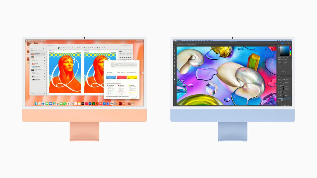 iMac M6 vs. M4: zwei 24-Zoll-iMac in Orange und Blau nebeneinander von vorne, auf den Displays Kreativ-Apps