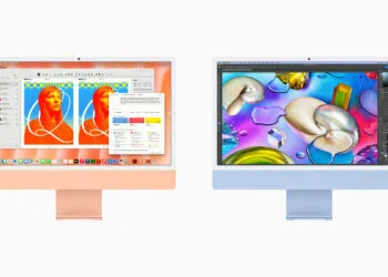 iMac M6 vs. M4: zwei 24-Zoll-iMac in Orange und Blau nebeneinander von vorne, auf den Displays Kreativ-Apps