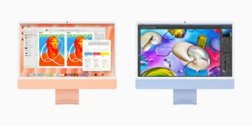 iMac M6 vs. M4: zwei 24-Zoll-iMac in Orange und Blau nebeneinander von vorne, auf den Displays Kreativ-Apps