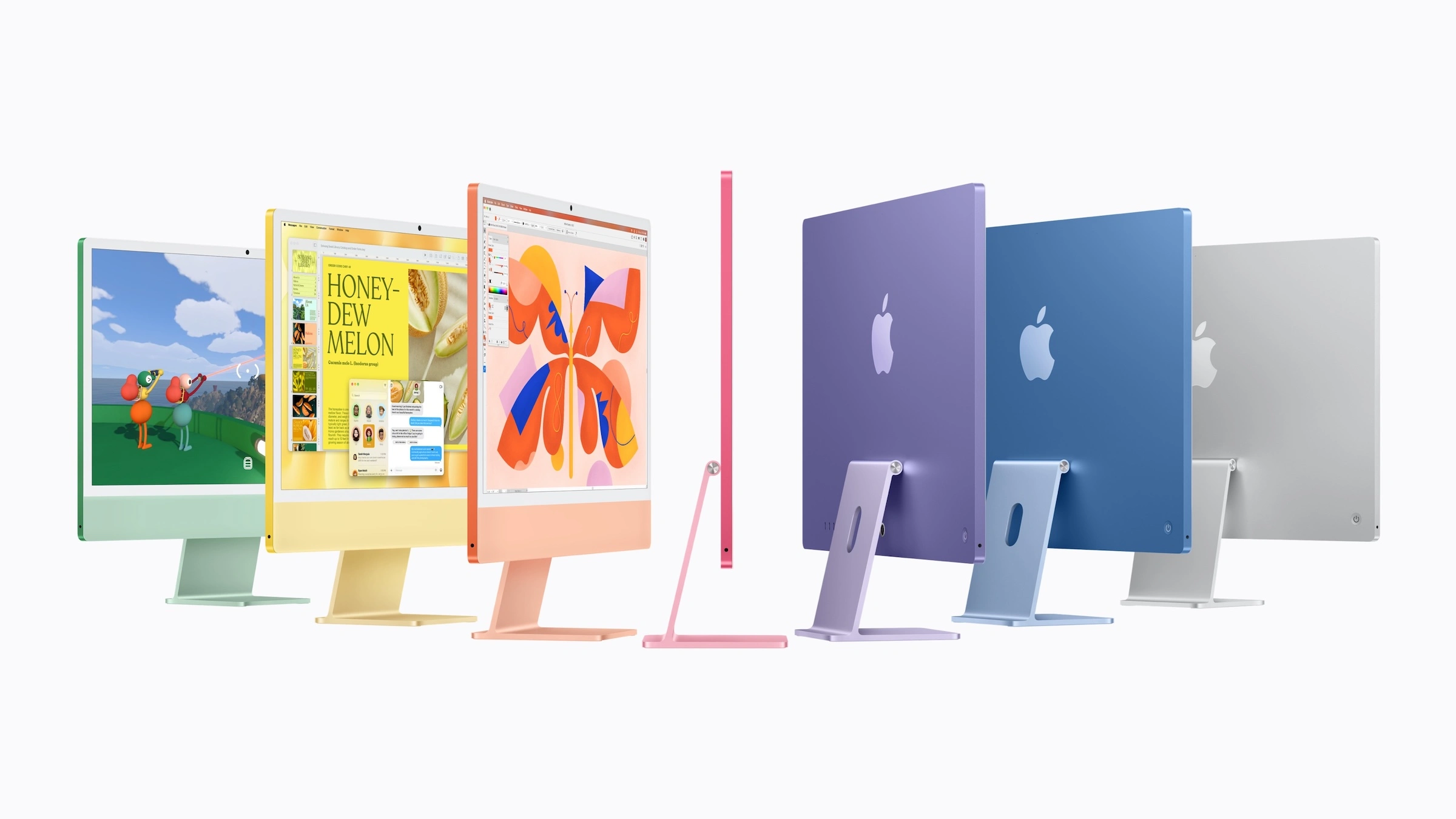 iMac M6 vs. M4: sieben iMac in Grün, Gelb, Orange, Pink, Violett, Blau und Silber, teils von vorne, teils von hinten
