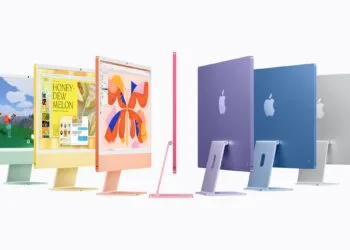 iMac M6 in Grün, Gelb, Orange, Pink, Violett, Blau und Silber, teils von vorne, teils von hinten