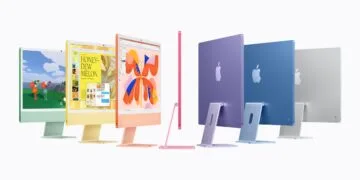 iMac M6 in Grün, Gelb, Orange, Pink, Violett, Blau und Silber, teils von vorne, teils von hinten