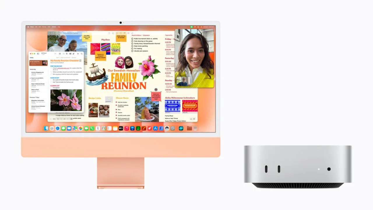 iMac vs. Mac mini: iMac in Orange mit geöffneter Notizen-App neben einem silbernen Mac mini, Vorderseite mit zwei USB-C-Anschlüssen und Kopfhörerbuchse