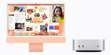 iMac vs. Mac mini: iMac in Orange mit geöffneter Notizen-App neben einem silbernen Mac mini, Vorderseite mit zwei USB-C-Anschlüssen und Kopfhörerbuchse