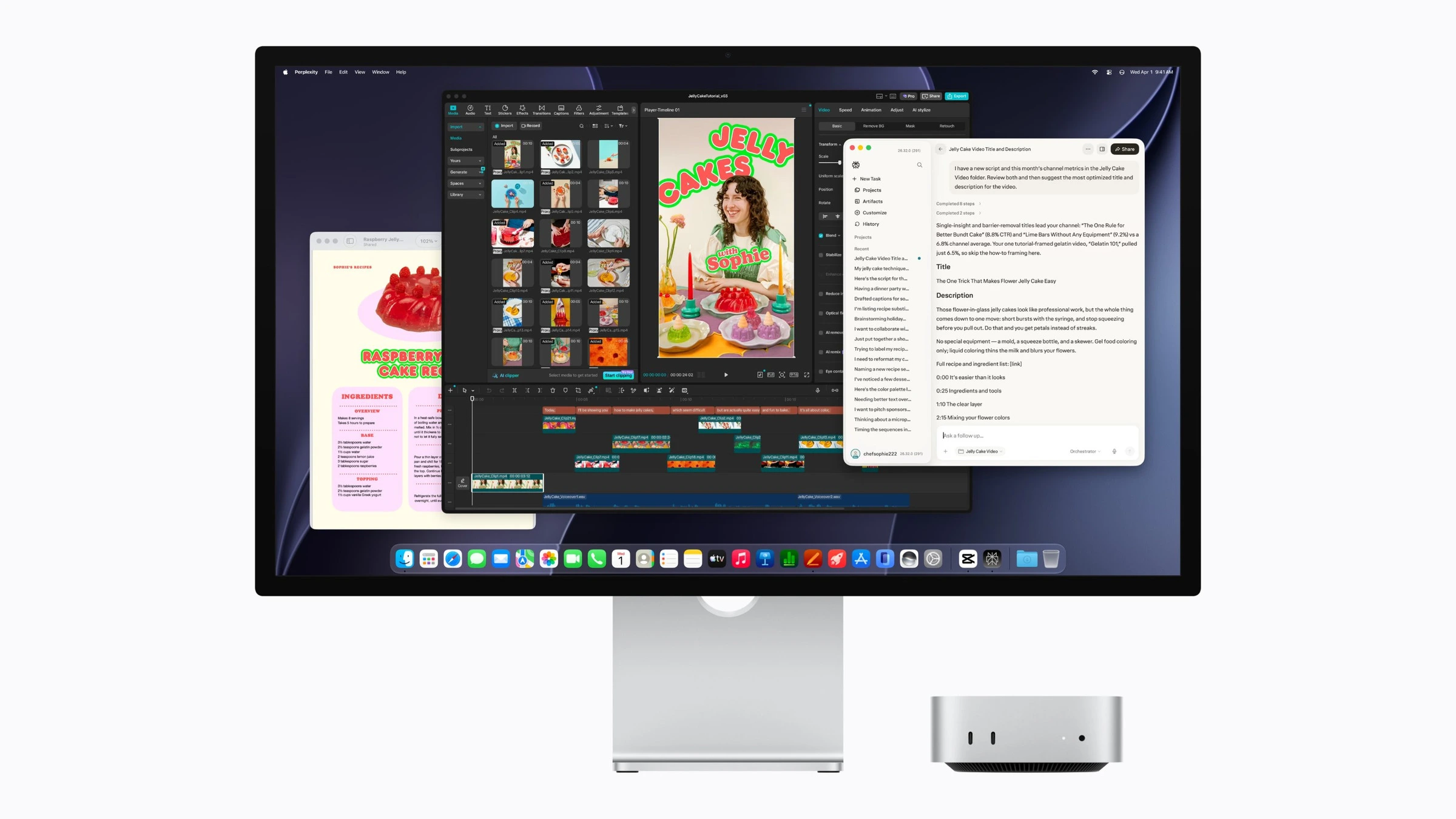 iMac vs. Mac mini: Mac mini neben einem großen Apple-Monitor mit Videoschnitt-Software auf dem Bildschirm