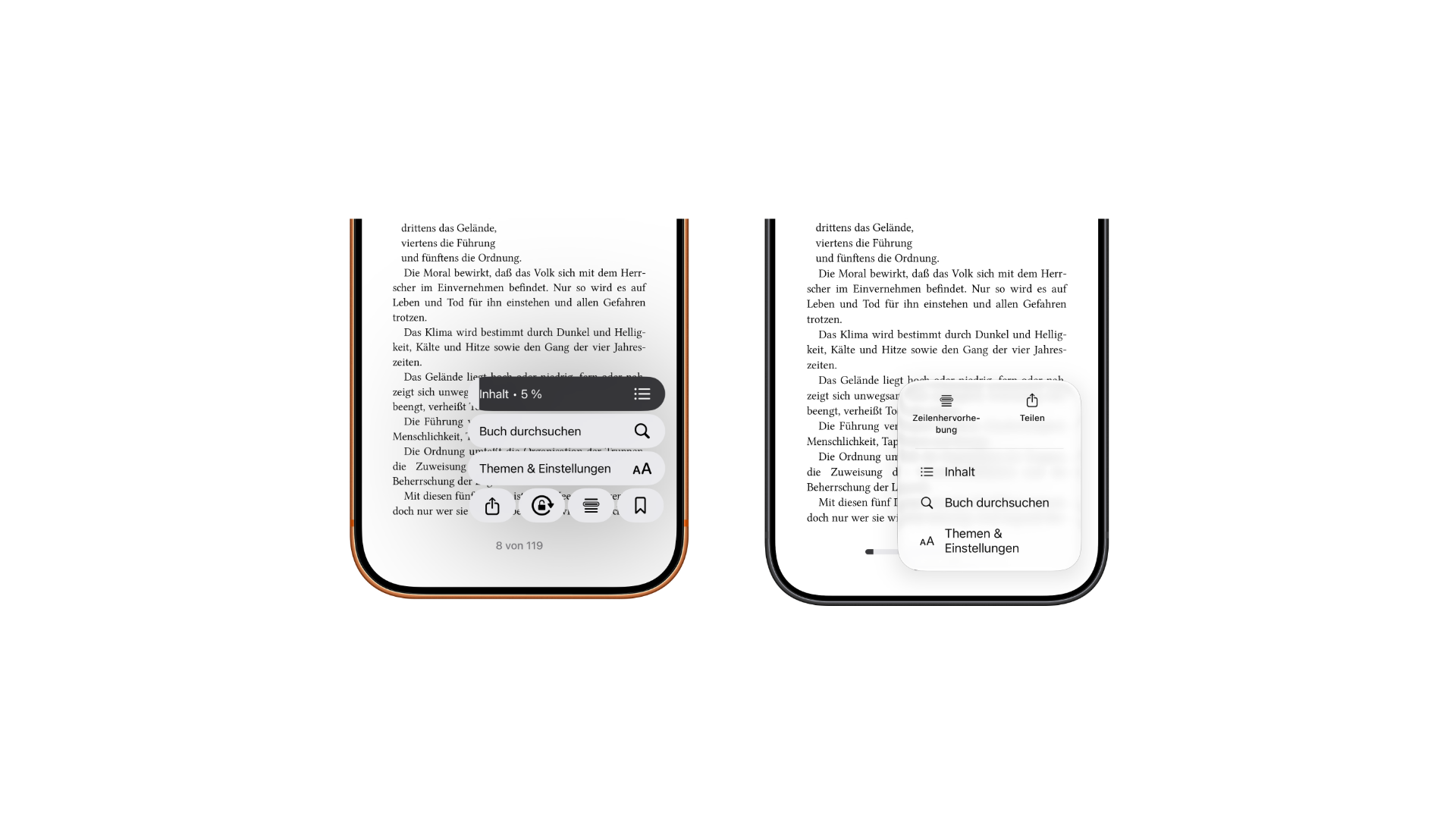 Apple Books iOS 27.2: reading view menu compared, previous version with stacked entries and bookmark in the bottom row on the left, new version with line highlighting, share, contents, search book and themes & settings on the right