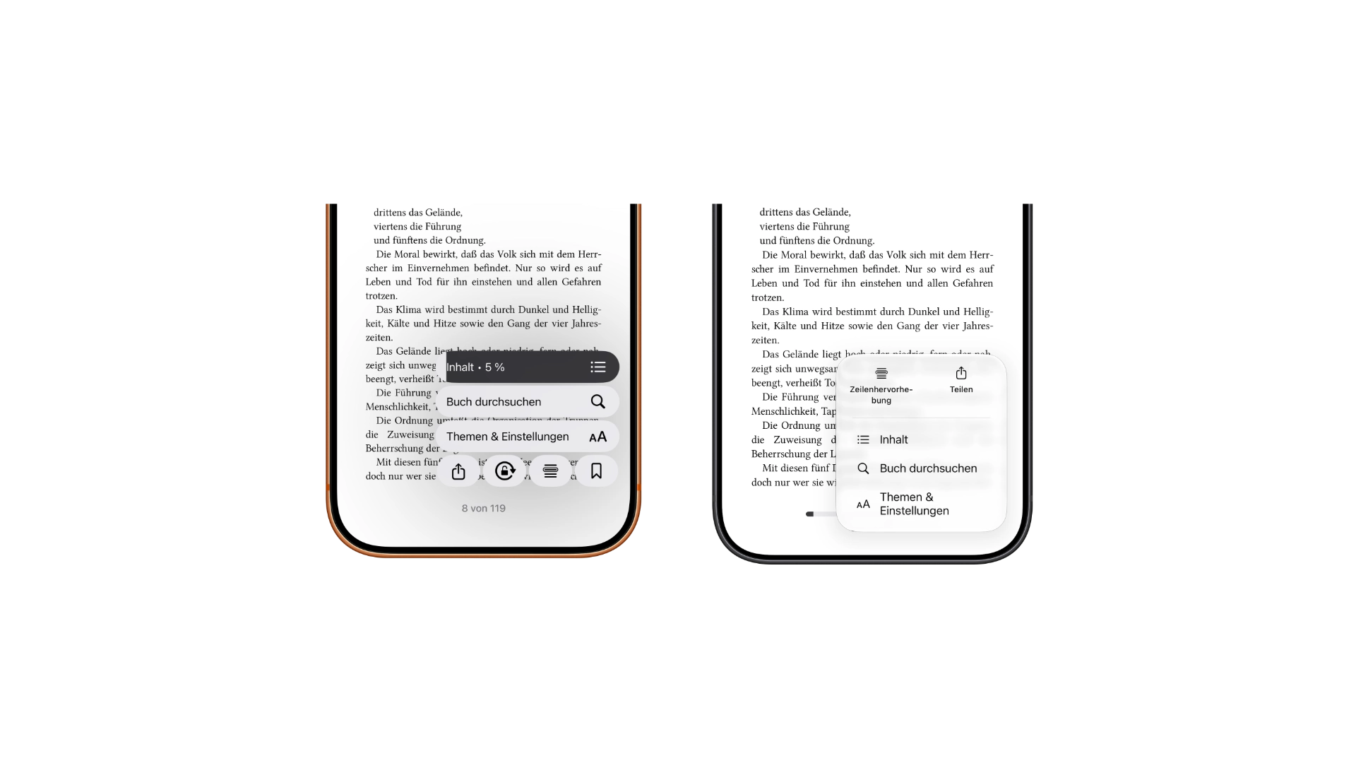 Apple Books iOS 27.2: Menü der Leseansicht im Vergleich, links das bisherige mit gestapelten Einträgen und Lesezeichen in der unteren Leiste, rechts das neue mit Zeilenhervorhebung, Teilen, Inhalt, Buch durchsuchen und Themen & Einstellungen