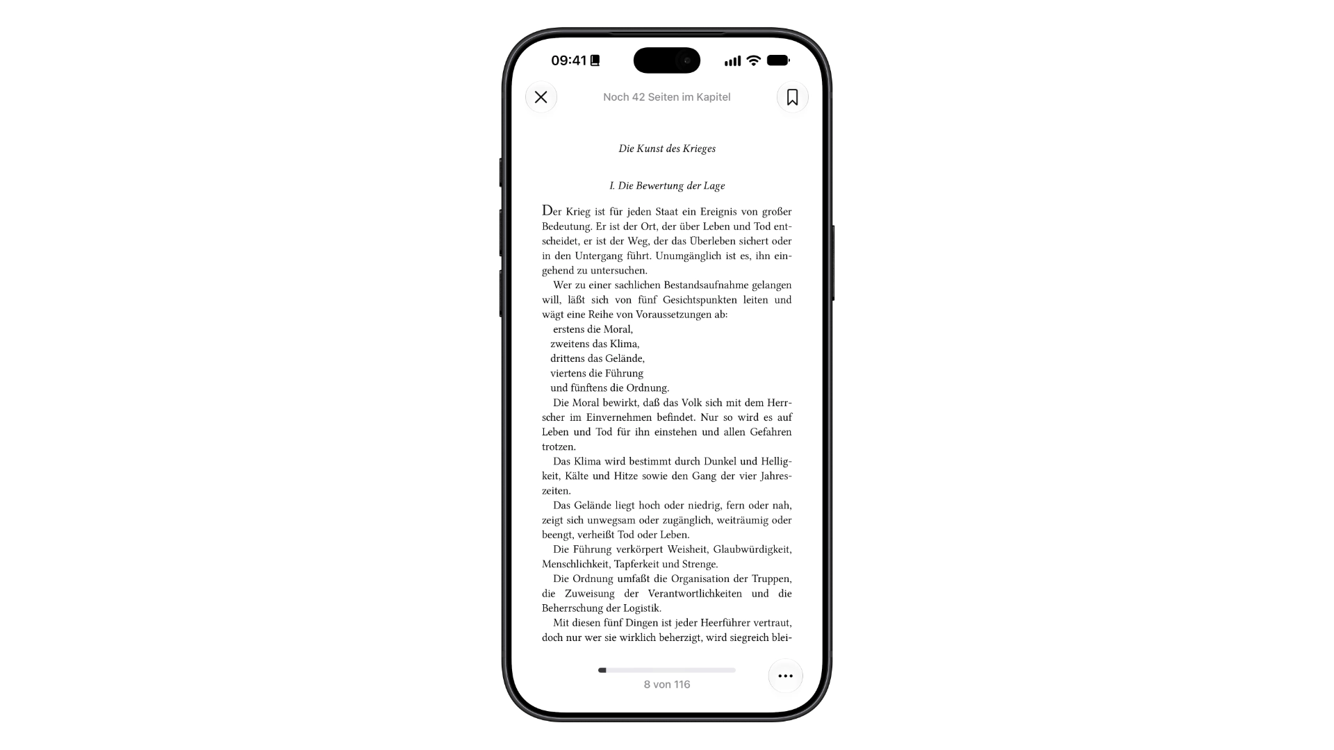 Apple Books iOS 27.2: neue Leseansicht mit Schließen-Knopf oben links, Lesezeichen-Knopf oben rechts, Fortschrittsbalken und Menüknopf mit drei Punkten unten