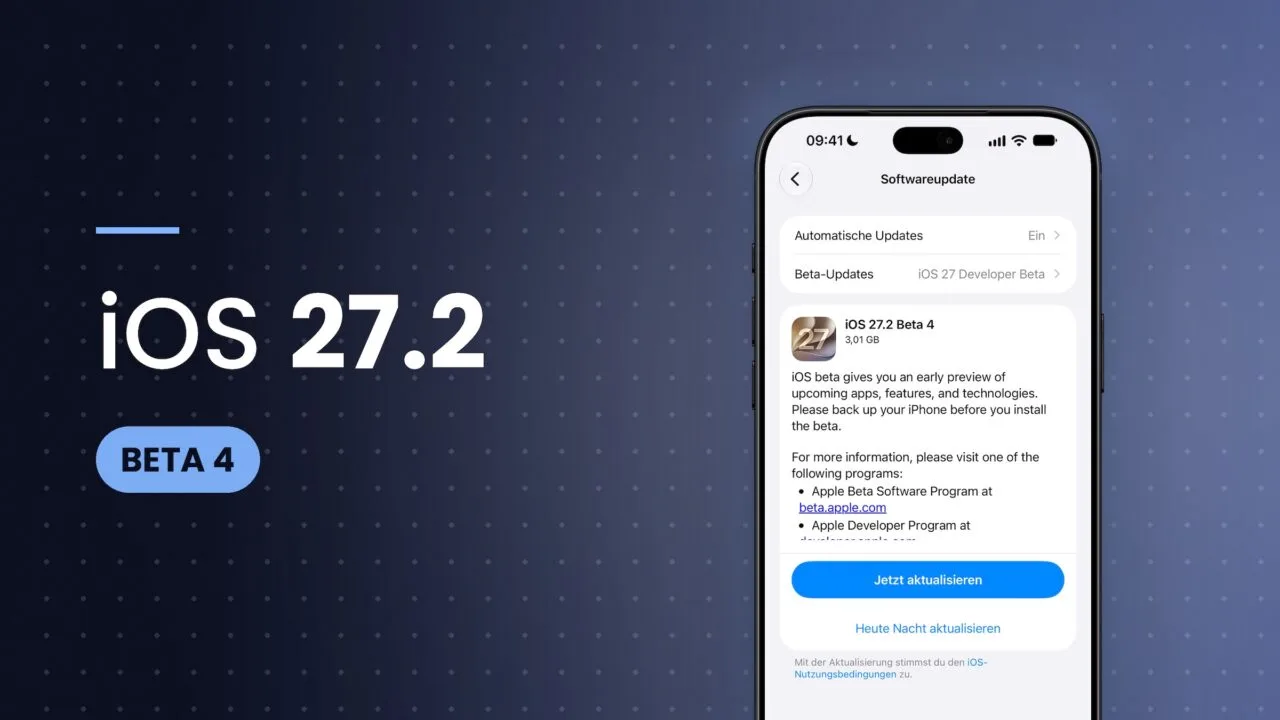 iPhone zeigt die Einstellungen zum Softwareupdate mit iOS 27.2 Beta 4 und dem Button zum Aktualisieren