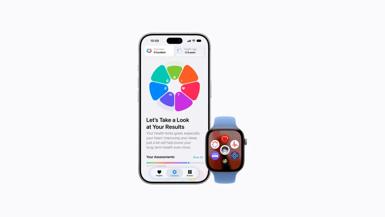 iOS 27.2 Health-App in der neuen Fassung mit Longevity-Ansicht und Health Age auf einem iPhone, daneben eine Apple Watch mit Gesundheits-Apps