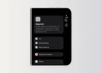 iOS 27.3: iPhone Duo im zugeklappten Zustand mit geöffneten Einstellungen unter Allgemein, darunter der Eintrag Softwareupdate