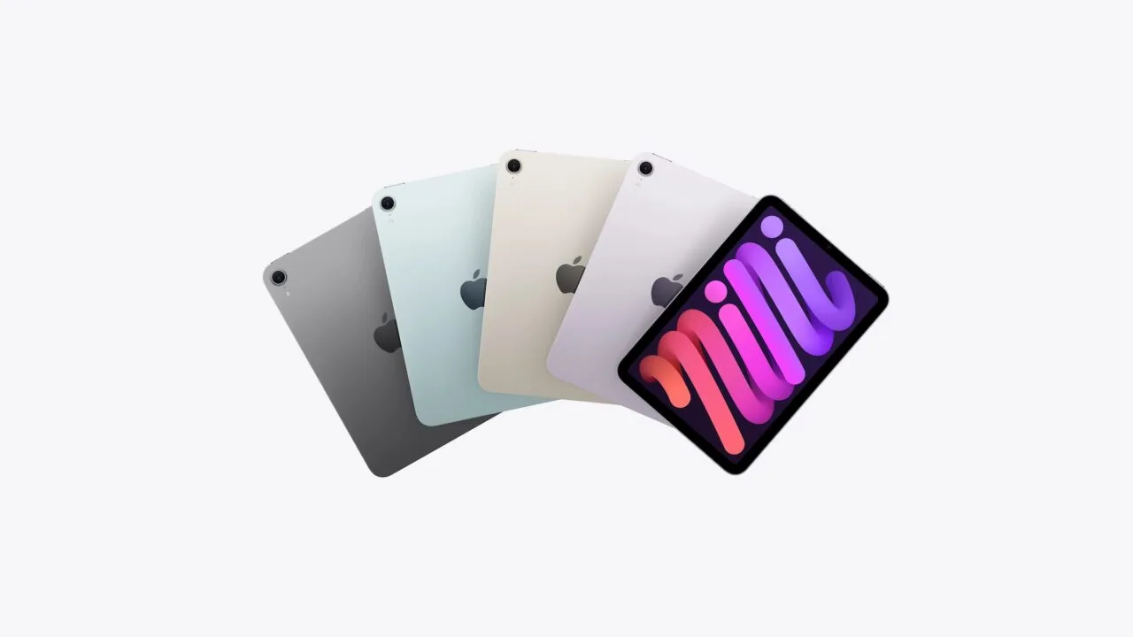iPad mini 8 OLED: Das aktuelle iPad mini in Space Grau, Blau, Polarstern und Violett, vorn mit eingeschaltetem Display