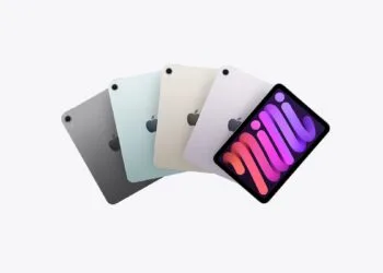 iPad mini 8 OLED: Das aktuelle iPad mini in Space Grau, Blau, Polarstern und Violett, vorn mit eingeschaltetem Display