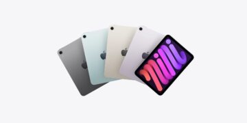 iPad mini 8 OLED: Das aktuelle iPad mini in Space Grau, Blau, Polarstern und Violett, vorn mit eingeschaltetem Display