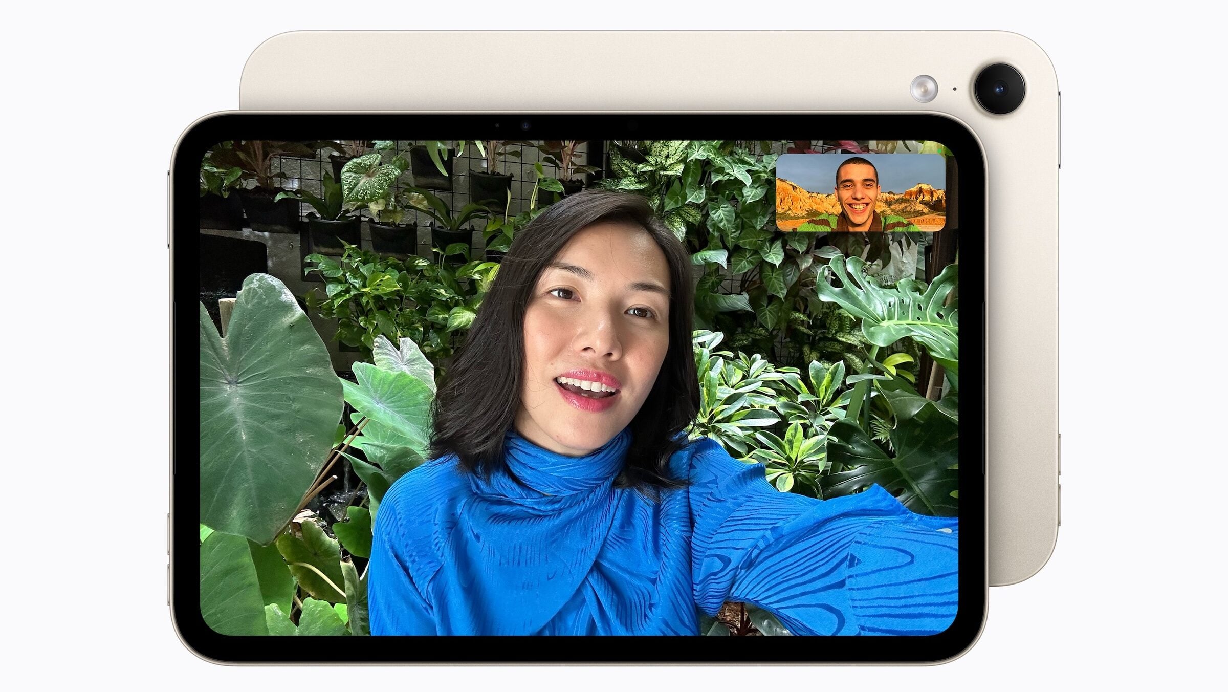 FaceTime call on the iPad mini A20 Pro in starlight, with the back showing the camera and flash behind it