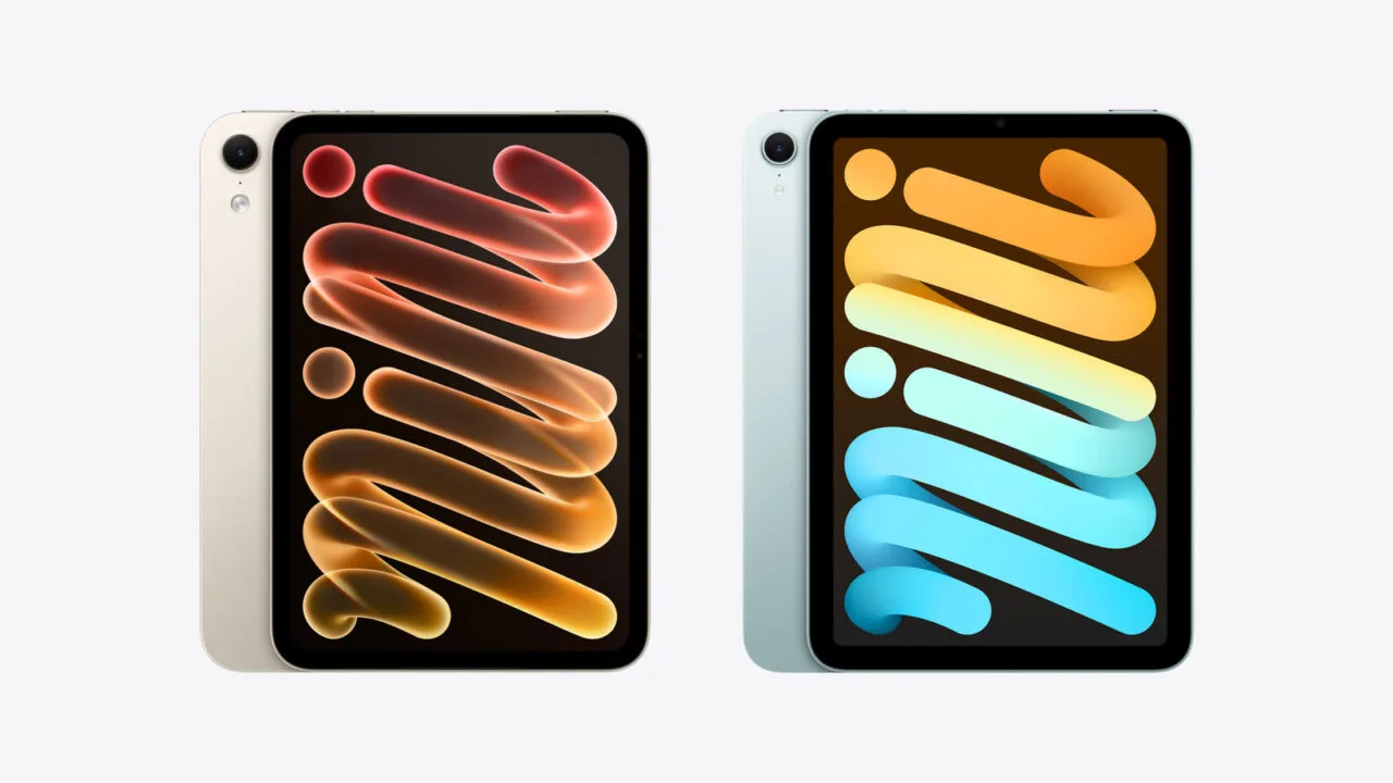 iPad mini A20 Pro vs A17 Pro: links das Vorgängermodell in Blau, rechts das neue Modell in Polarstern, jeweils von vorn mit Rückseite