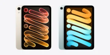 iPad mini A20 Pro vs A17 Pro: links das Vorgängermodell in Blau, rechts das neue Modell in Polarstern, jeweils von vorn mit Rückseite