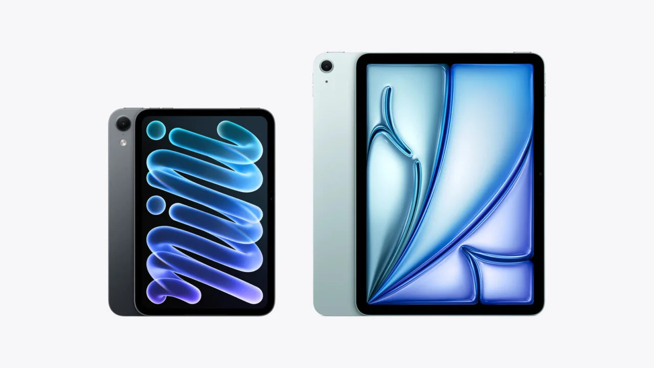 iPad mini vs. iPad Air: links das iPad mini in Mitternacht, rechts das 11-Zoll-iPad Air in Blau, maßstabsgetreu nebeneinander von vorn mit Rückseite