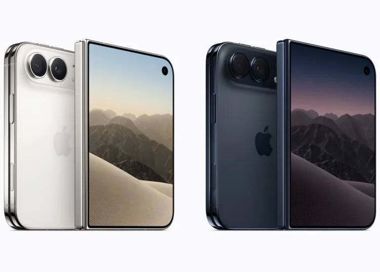 iPhone Duo vorbestellen in Sternenweiß oder Nachthimmel: Beide Farben jeweils mit Rückseite und Doppelkamera sowie aufgeklapptem inneren Display