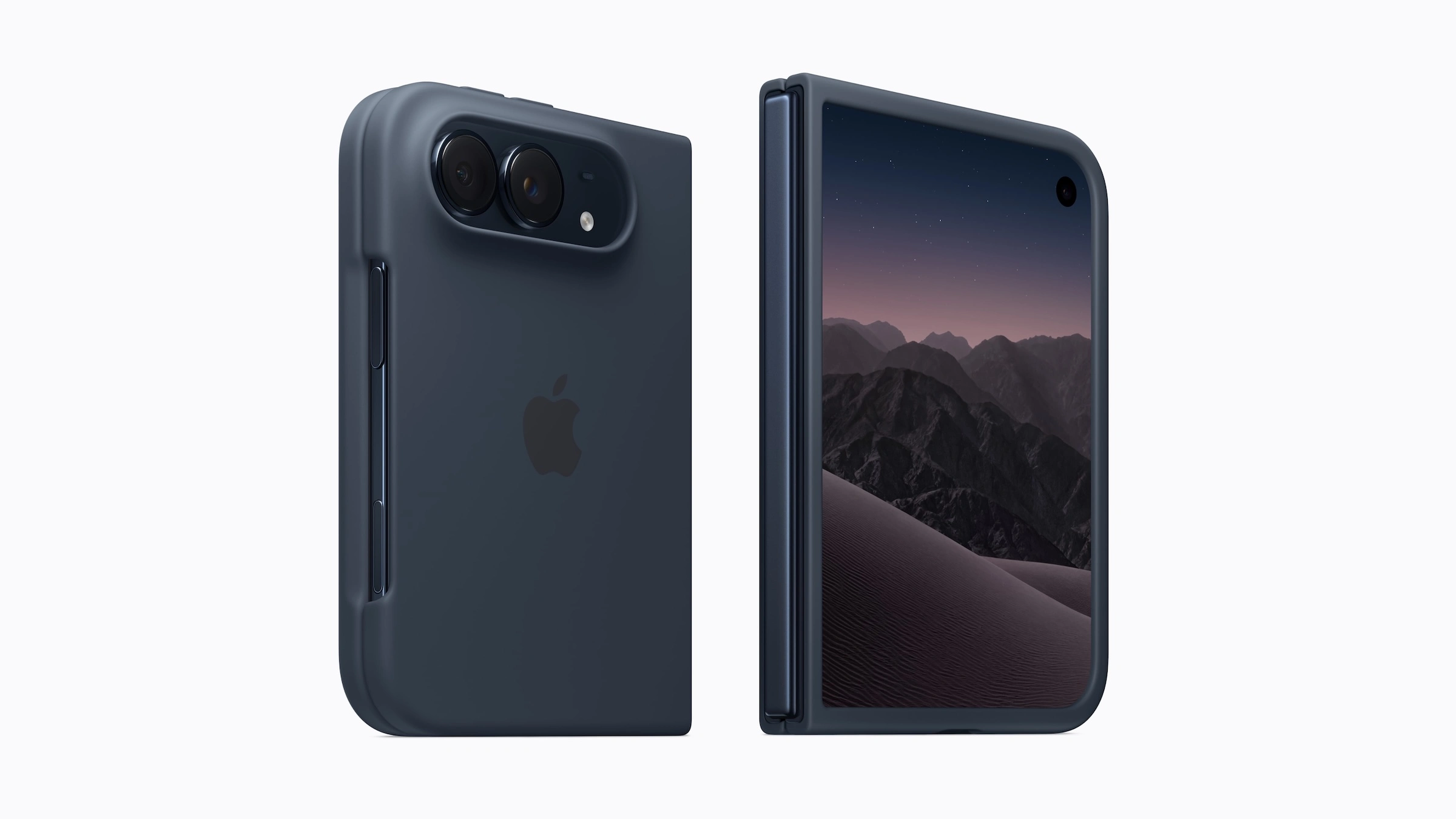 iPhone Duo vorbestellen mit passendem Zubehör: Das zweiteilige iPhone Duo Case in Navyblau umschließt das Gerät zugeklappt und aufgeklappt