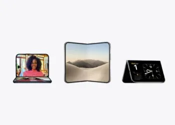 iPhone Duo Reparaturkosten: drei iPhone Duo in unterschiedlicher Haltung, links halb aufgeklappt mit Videoanruf, in der Mitte aufgefaltet mit Wüstenlandschaft, rechts aufgestellt mit Uhr und Kalender