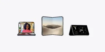 iPhone Duo Reparaturkosten: drei iPhone Duo in unterschiedlicher Haltung, links halb aufgeklappt mit Videoanruf, in der Mitte aufgefaltet mit Wüstenlandschaft, rechts aufgestellt mit Uhr und Kalender
