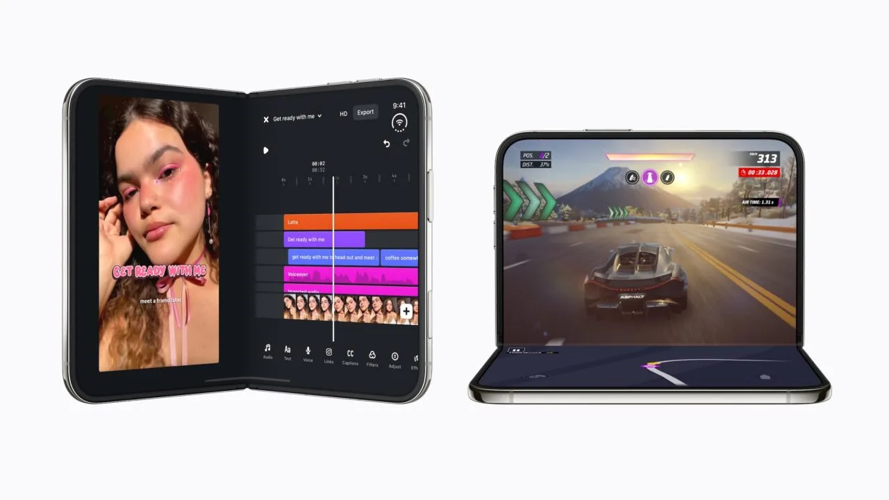 Zwei angepasste Apps auf dem iPhone Duo: aufgeklappt mit Videoschnitt-Zeitleiste in Edits, halb zugeklappt mit dem Rennspiel Asphalt Legends