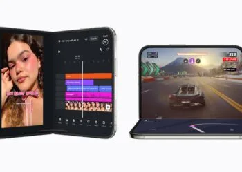 Zwei angepasste Apps auf dem iPhone Duo: aufgeklappt mit Videoschnitt-Zeitleiste in Edits, halb zugeklappt mit dem Rennspiel Asphalt Legends