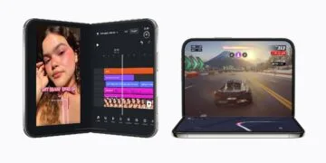 Zwei angepasste Apps auf dem iPhone Duo: aufgeklappt mit Videoschnitt-Zeitleiste in Edits, halb zugeklappt mit dem Rennspiel Asphalt Legends