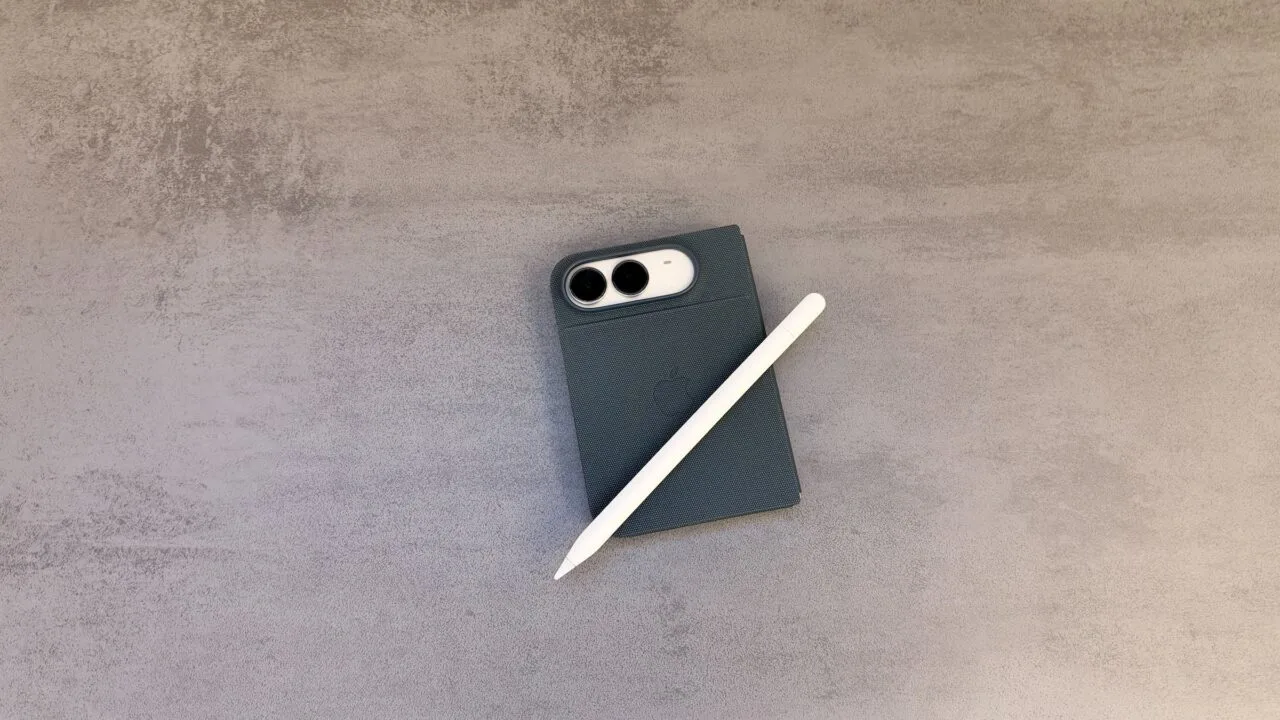 Zugeklapptes iPhone Duo in einer dunklen Hülle auf einer grauen Steinoberfläche, darauf ein weißer Apple Pencil – so sieht das iPhone Duo mit Apple Pencil aus