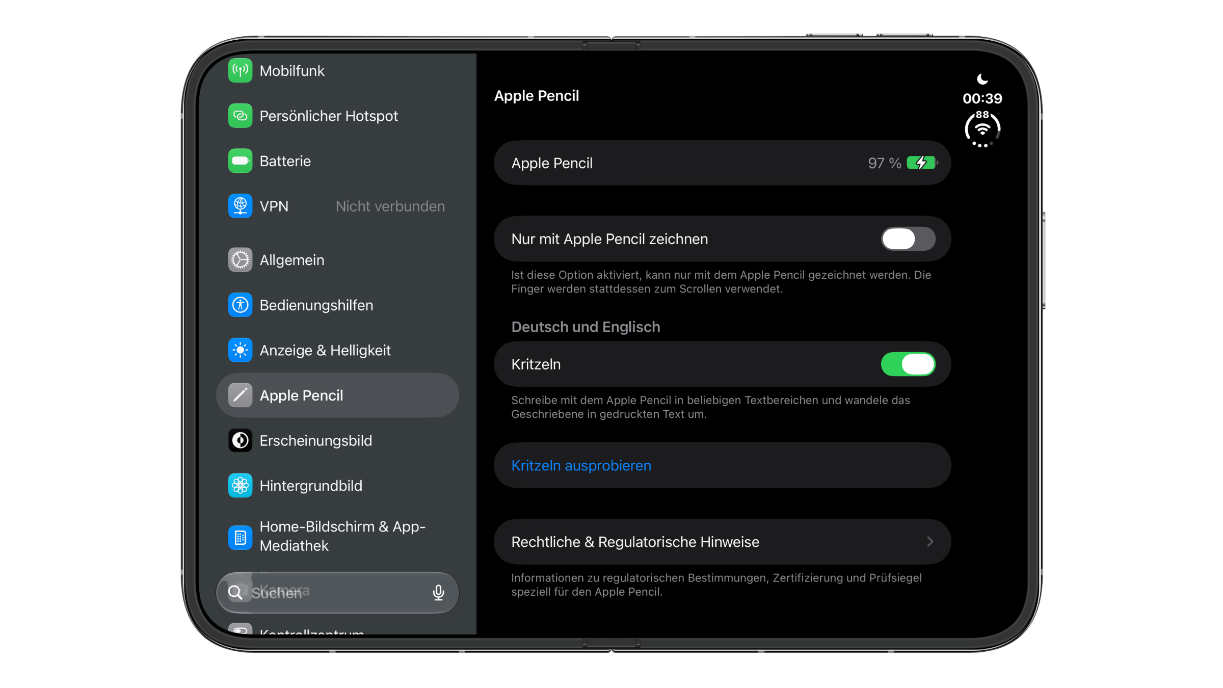 iPhone Duo settings showing the Apple Pencil section with the pencil's battery level and the switches for drawing only with Apple Pencil and Scribble