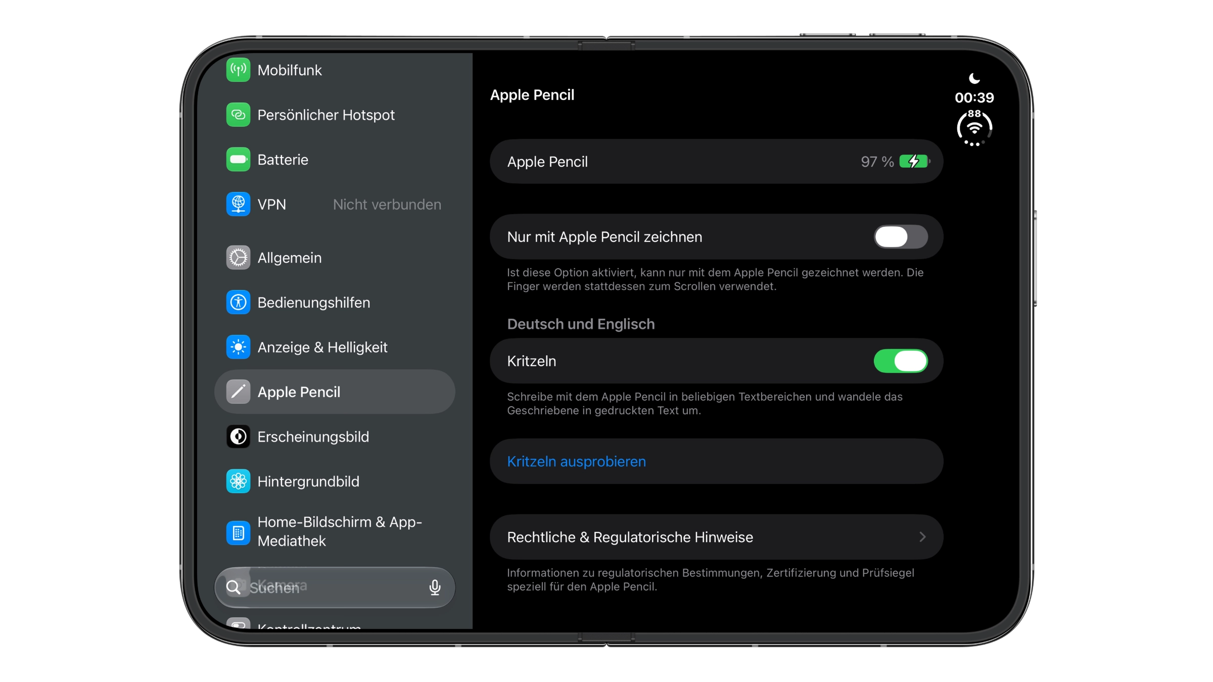 Einstellungen des iPhone Duo mit dem Bereich Apple Pencil, Akkustand des Stifts sowie den Schaltern „Nur mit Apple Pencil zeichnen“ und „Kritzeln“