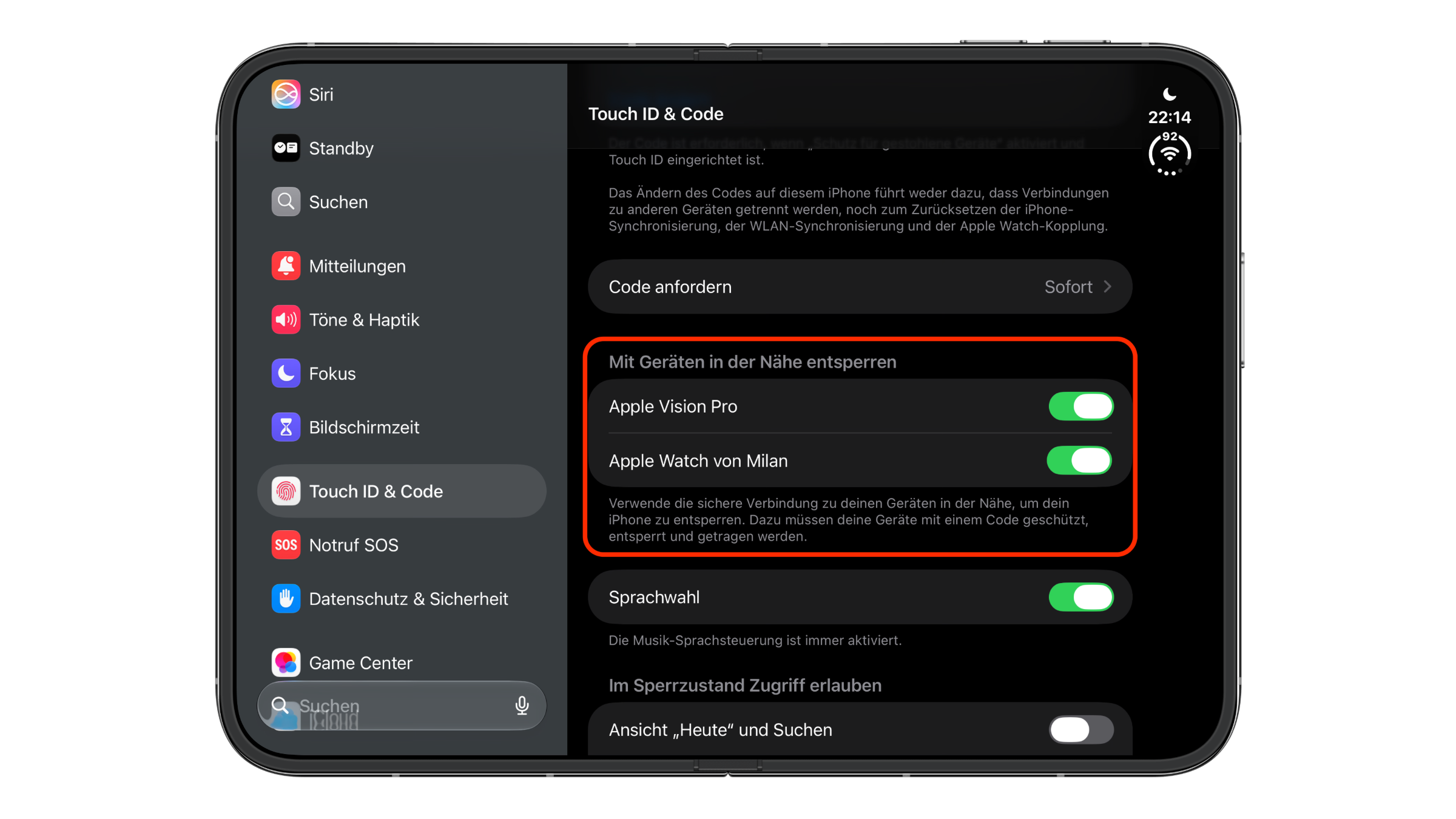 Unlocking iPhone Duo with Apple Watch: Touch ID & Passcode settings showing the Unlock with Nearby Devices section, turned on for Apple Vision Pro and Apple Watch