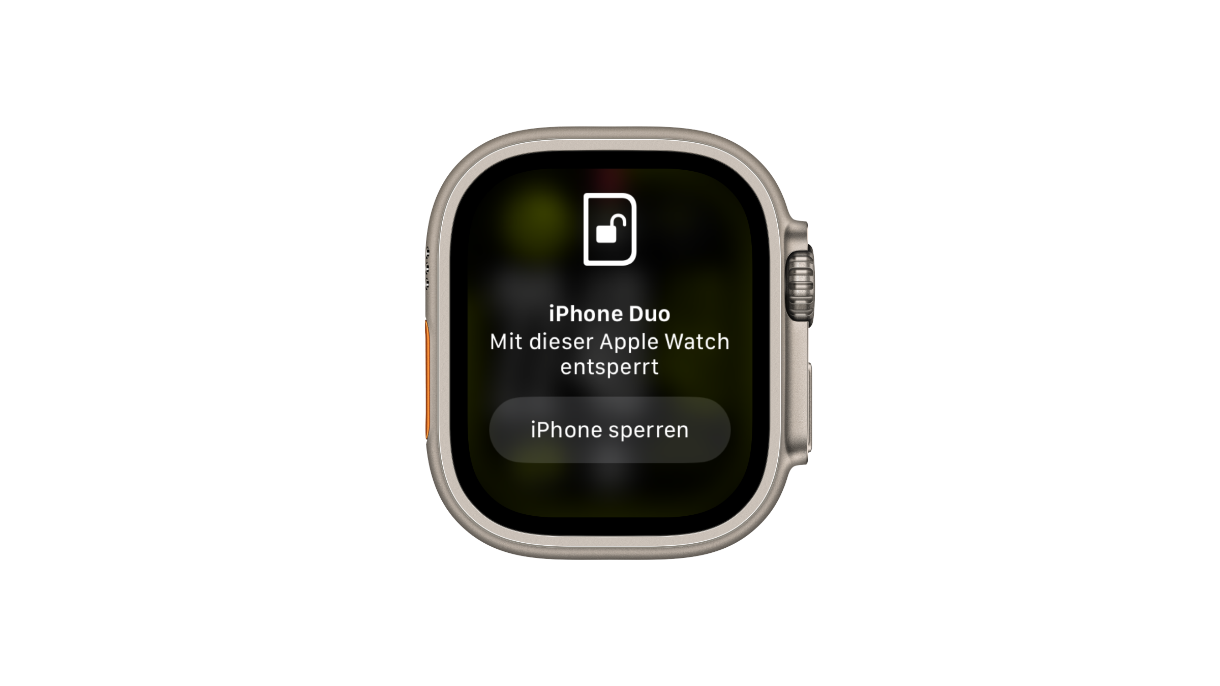 Unlocking iPhone Duo with Apple Watch: Apple Watch Ultra showing iPhone Duo – Unlocked with this Apple Watch, with the Lock iPhone button below
