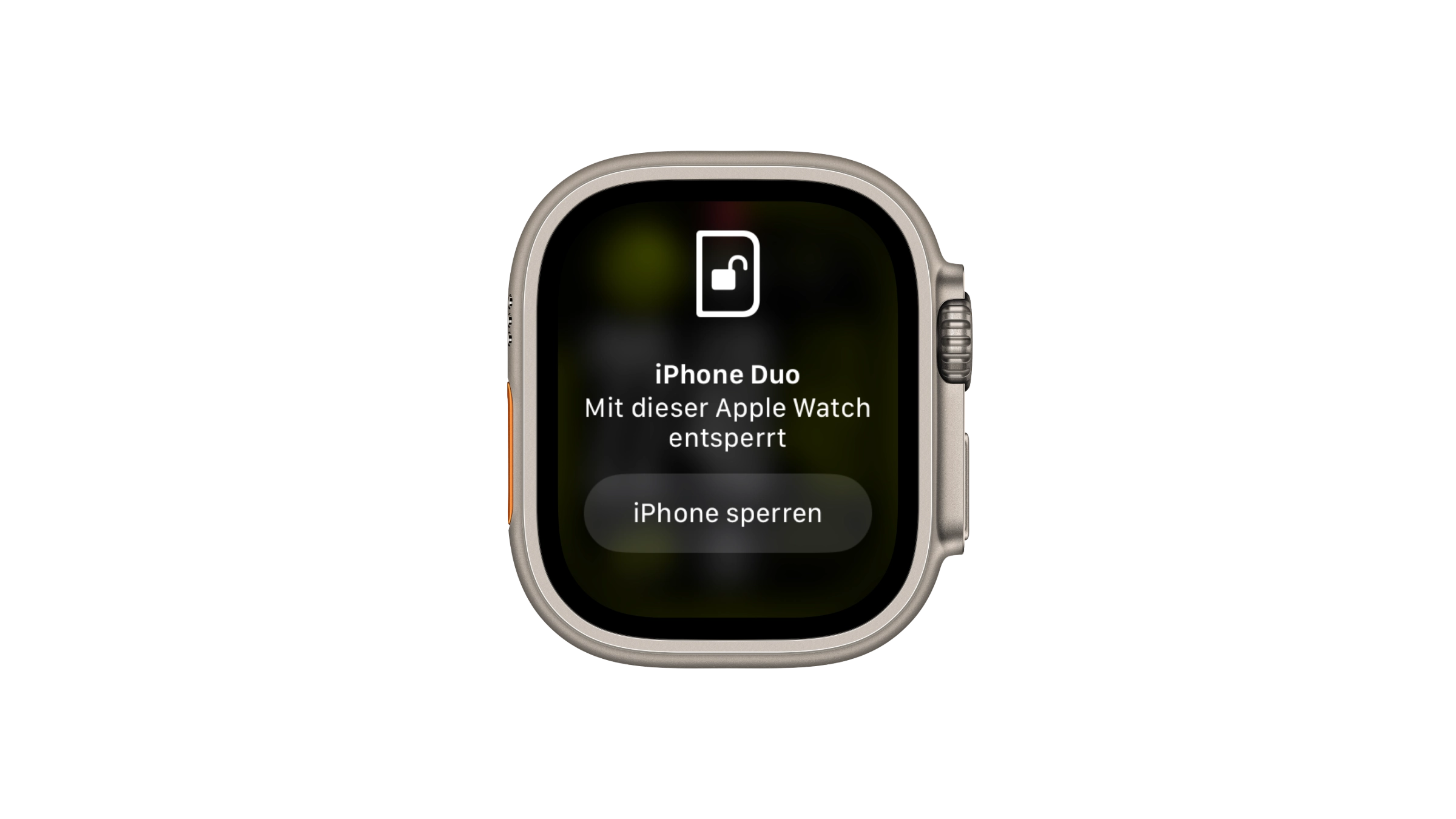 iPhone Duo mit Apple Watch entsperren: Apple Watch Ultra zeigt „iPhone Duo – Mit dieser Apple Watch entsperrt“ und darunter die Taste „iPhone sperren“