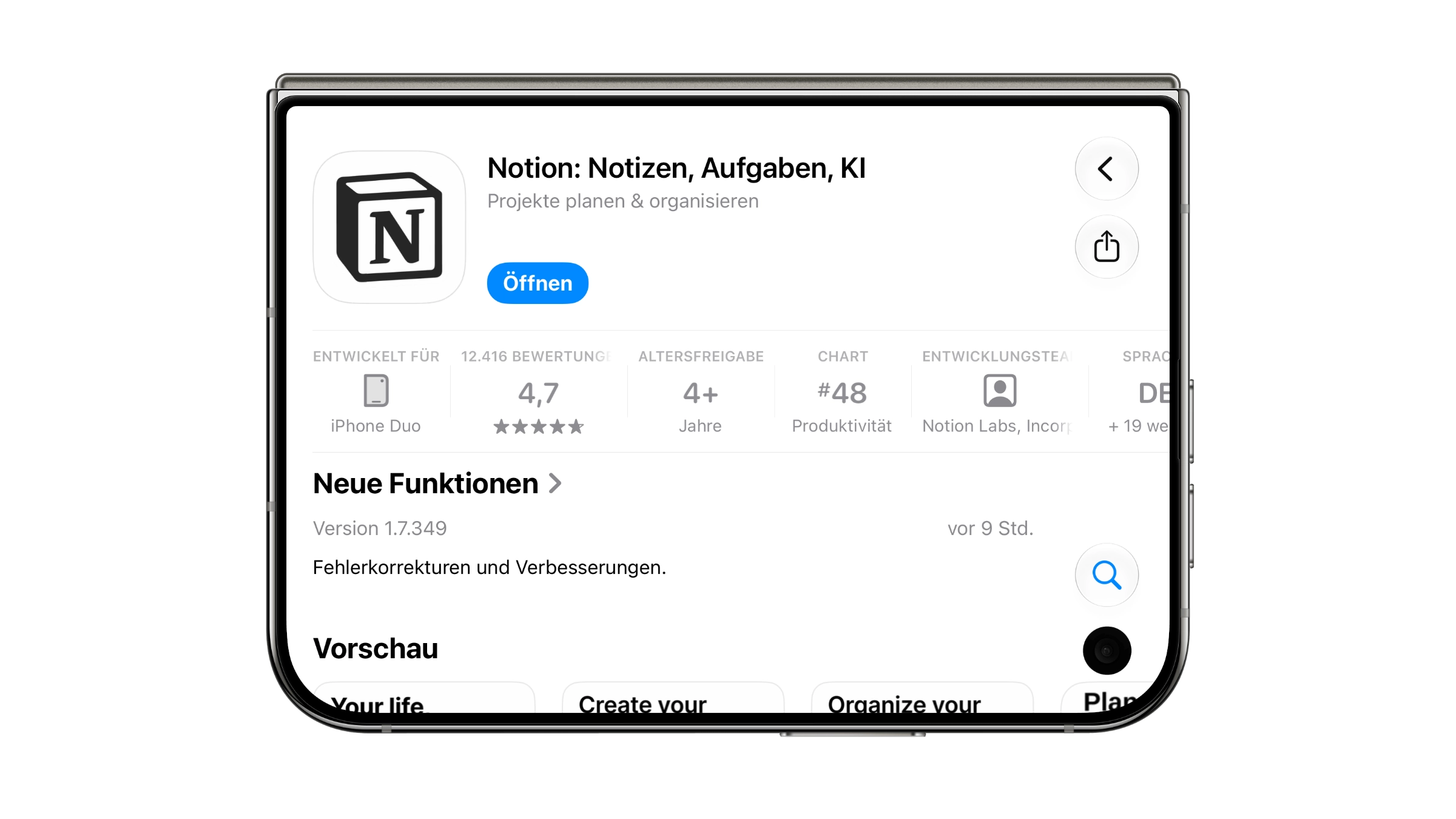 App Store auf dem iPhone Duo: Die Produktseite von Notion nennt unter „Entwickelt für“ das iPhone Duo und weist die App damit als eine der angepassten iPhone Duo Apps aus.