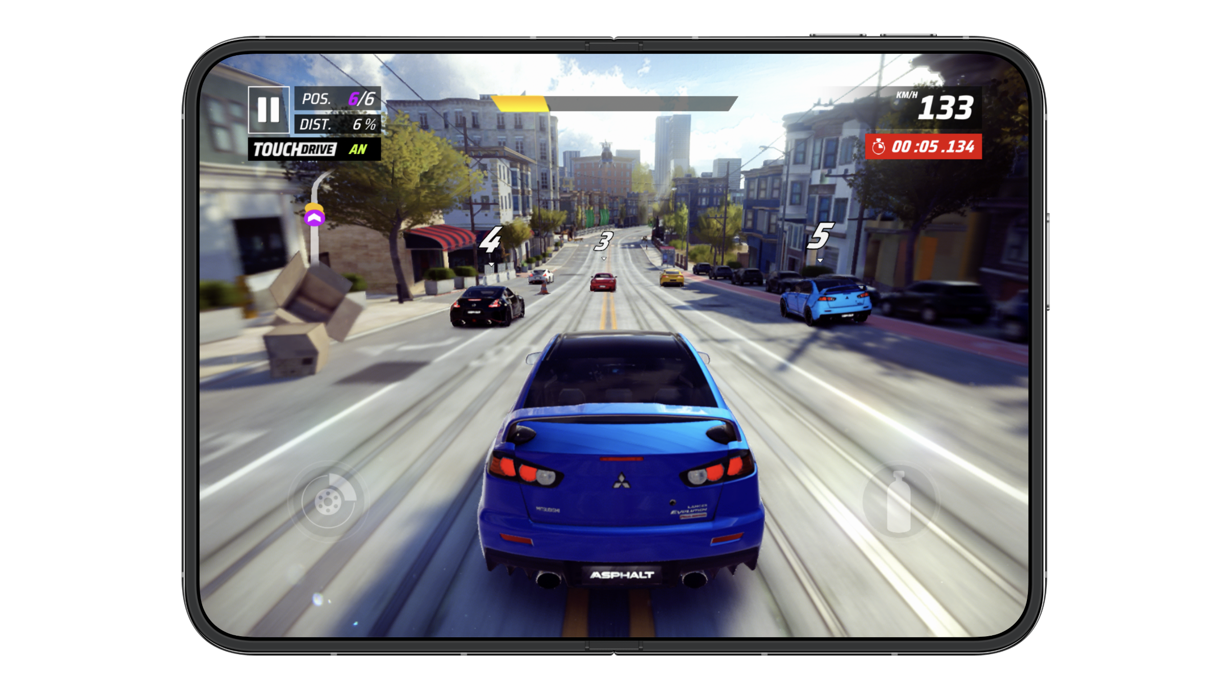 Asphalt Legends is one of the adapted iPhone Duo apps and fills the entire inner display of the unfolded iPhone Duo during a race.