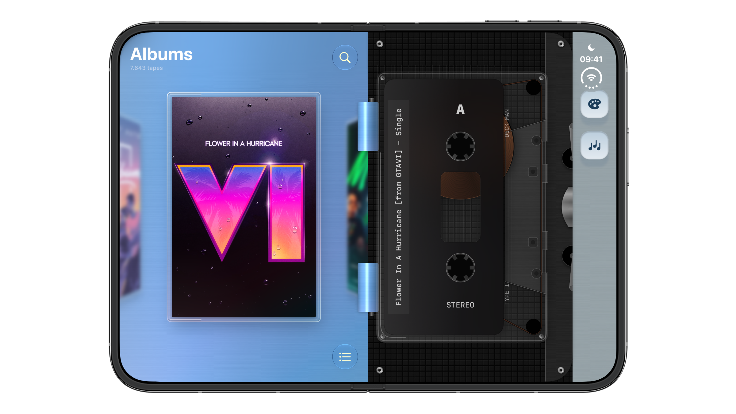Deck-Man among the iPhone Duo apps: on the unfolded iPhone Duo, the left half shows the album picker and the right half an inserted cassette.