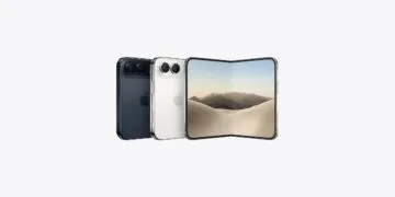iPhone Duo Bestelllimit: zwei zugeklappte iPhone Duo in Nachthimmel und Sternenweiß von hinten, daneben ein aufgeklapptes Gerät mit Wüstenlandschaft auf dem Innendisplay