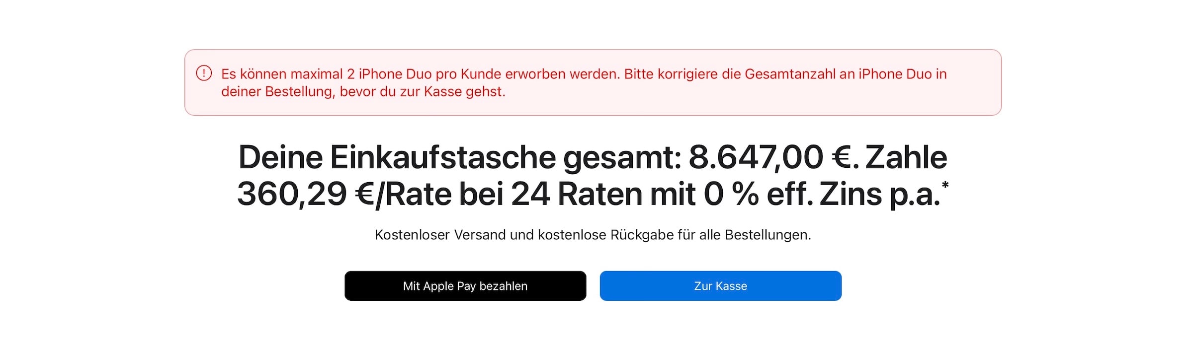 iPhone Duo order limit: notice in the German Apple Store that a maximum of 2 iPhone Duo can be purchased per customer, with the bag total below