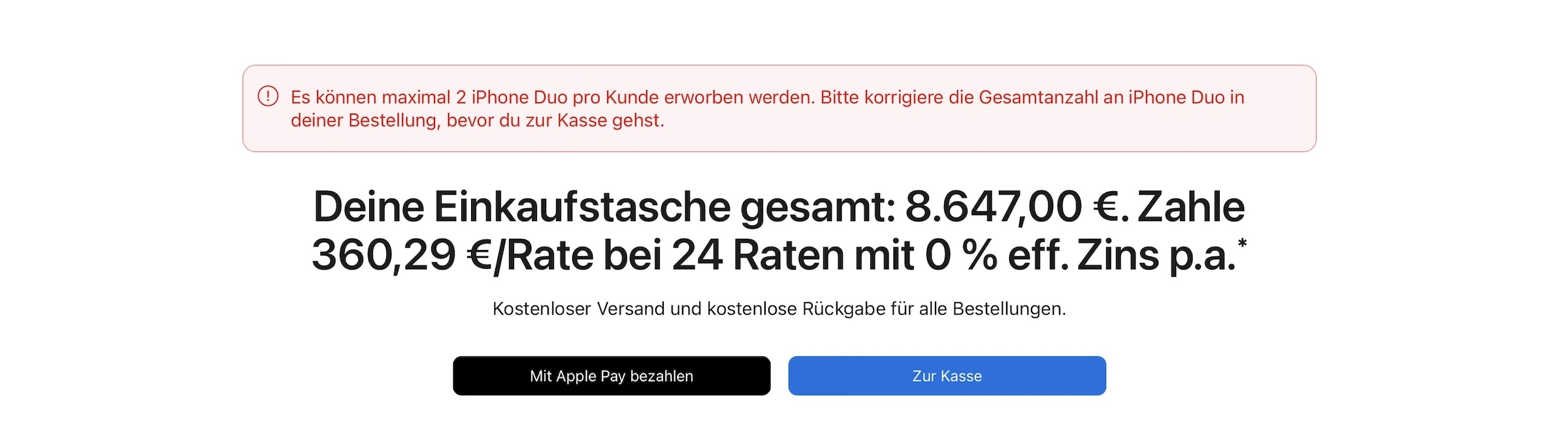 iPhone Duo Bestelllimit: Hinweis im deutschen Apple Store, dass maximal 2 iPhone Duo pro Kunde erworben werden können, darunter die Gesamtsumme der Einkaufstasche